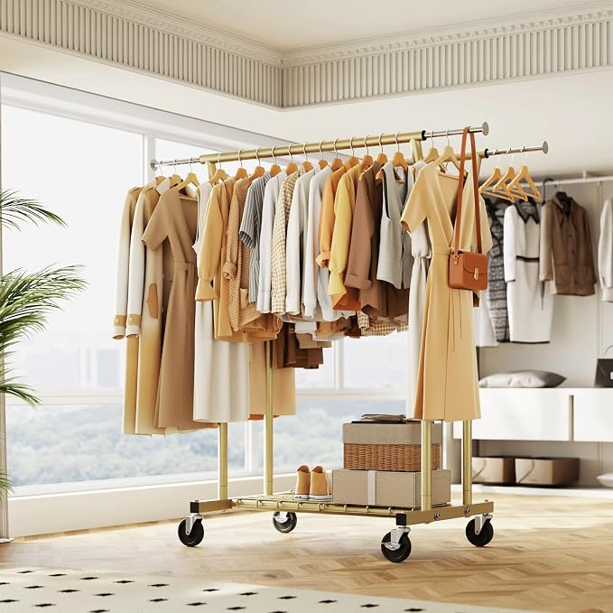 HYSEYY Heavy Duty Clothes Rack, Rolling Clothing Rack for Hanging Clothes with Shelves Load 700LBS,Portable Garment Wardrobe Closet Rack with Wheels for Bedroom,Laundry Room,Retail Store(Gold)