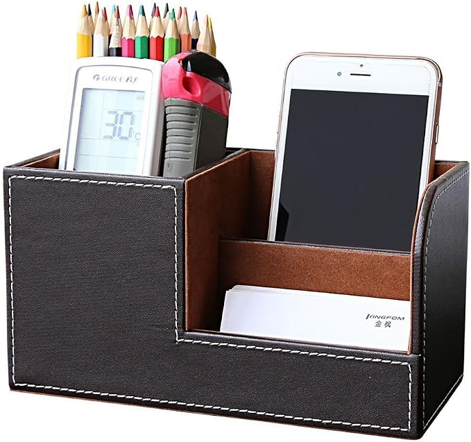 Desk Organizer Office Supplies Caddy Pu Leather Multi-function Storage Box Pen/Pencil,Cell phone, Business Name Cards Remote Control Holder Brown