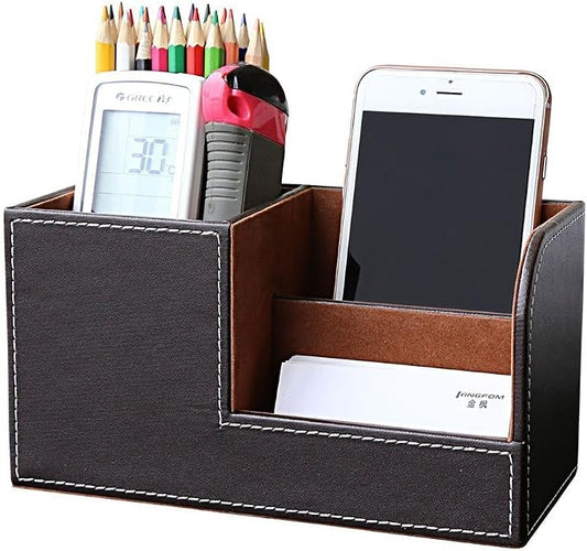 Desk Organizer Office Supplies Caddy Pu Leather Multi-function Storage Box Pen/Pencil,Cell phone, Business Name Cards Remote Control Holder Brown