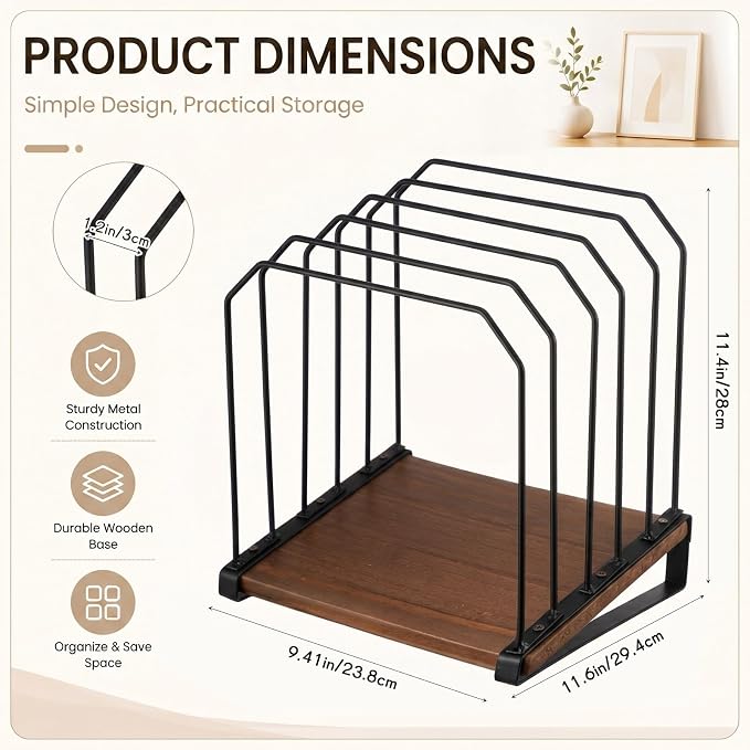 Novabright 2 Pack Inclined Desk File Organizer 5 Section Metal Vertical Folder Holder with Wooden Base Desktop Mail Sorter Step Magazine Document Paper Binder Holder for School Classroom Home Office