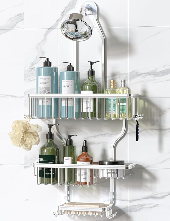 YASONIC Never Rust Shower Caddy Hanging, Aluminum Shower Racks for Inside Shower, 3-Tier Shower Organizer Hanging Over Shower Head with Hooks and Soap Holder, Silver