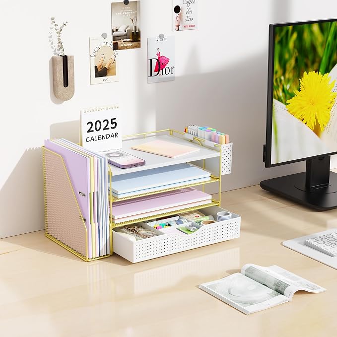gianotter Wood Desk Organizers and Accessories with File Holder, 4-Tier Desk Accessories & Workspace Organizers with Drawer and Pen Holder, Desk Reference Organizer (Gold, 4T with Drawer)
