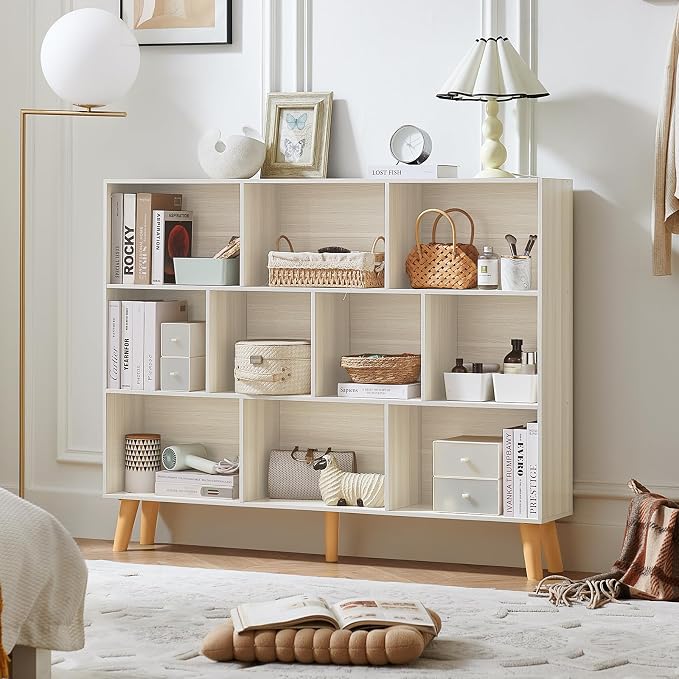 LEYAOYAO 10 Cube Bookshelf,Mid-Century Modern Bookcase with Legs,Light Grey | 3 Tier Book Shelf, 55" Wide Rustic Wood Bookshelves Large Storage Organizer, Open Shelves for Bedroom, Living Room, Office