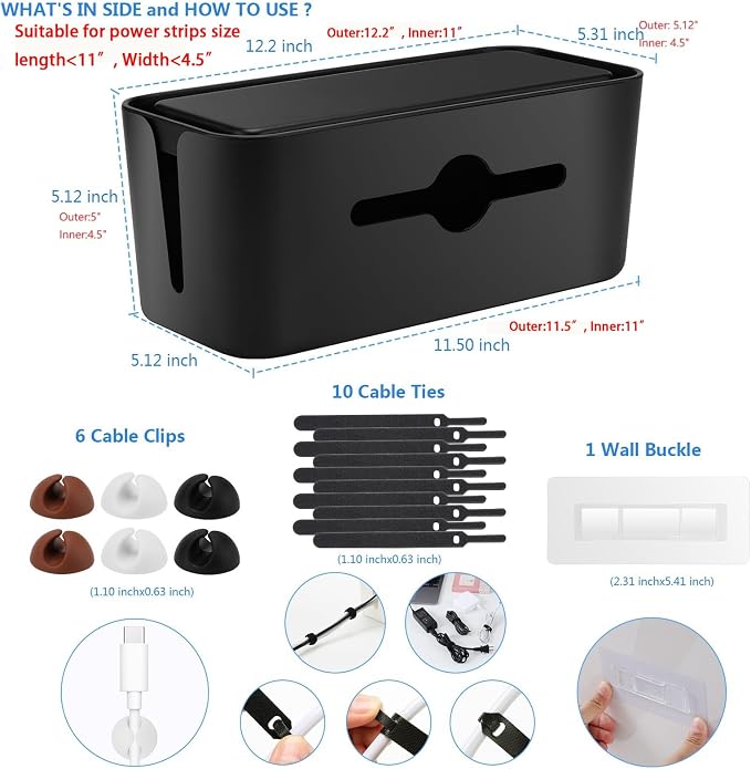 Cable Management Box,Cord Organizer for Home Office Cable Wire Hide,Black | Box for Desk Floor Cable Hide,Cable Box Organizer to Cover The Power Strip Cord Wires