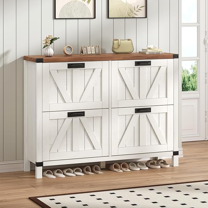 47" Farmhouse Shoe Cabinet with 4 Flip Drawers for Entryway, Hallway | Slim Shoe Rack Freestanding Shoe Organizer with Barn Door, Brown and White