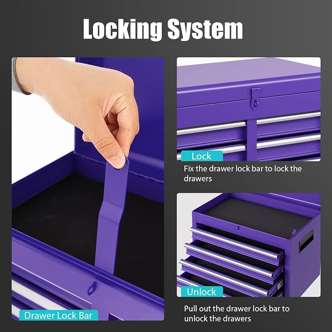 Goplus Purple Tool Chest, 5 Drawers Rolling Tool Cabinet w/Detachable Top Toolbox, Universal Lockable Wheels,Lock Bar,Protective Liner,Tool Rack, Metal Tool Storage Cart, Tool Box for Garage Workshop