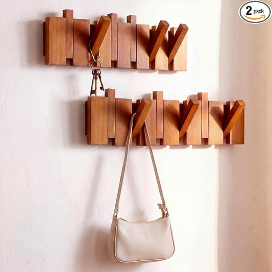 Youyole 2 Pcs 6 Hook Wooden Coat Hooks Mid Century Modern Wall Mounted Folding Coat Rack Hanger with Hooks Heavy Duty Flip Down Piano Hat Rack for Hanging Coats Hats Home