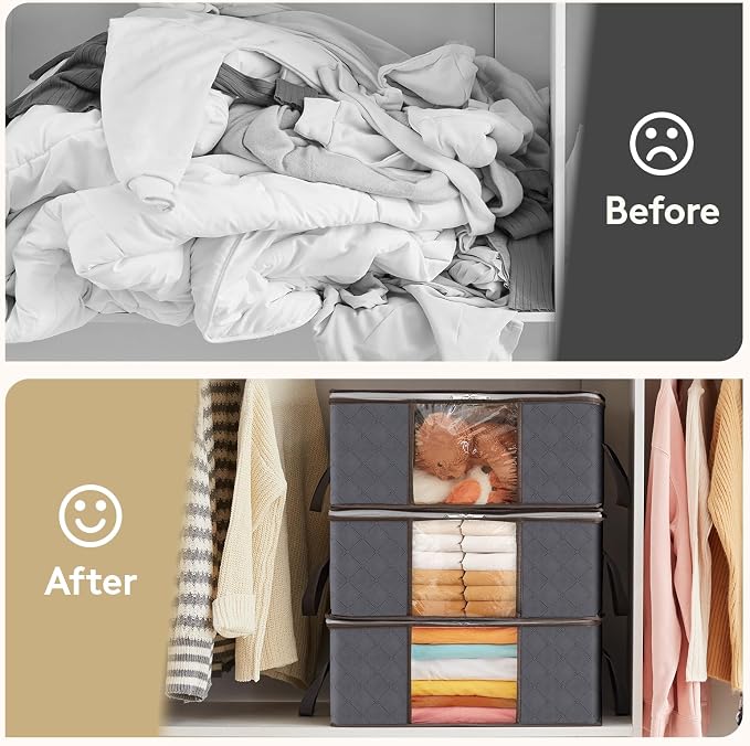 Lifewit 3 Pack 35L Clothes Storage Bins with Lids, Foldable Blanket Storage Bags with Zippers, Clear Window and Reinforced Handles, Closet and Organization for Clothing, Sweater, Comforter, Bedding