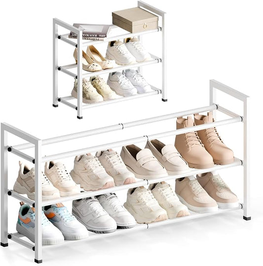 Bumusty 3 Tier Expandable Shoe Rack for Closet, White | 18"-33" Adjustable Shoe Rack for Entryway, Small Shoe Organizer for Dorm, Front Door, Sturdy Metal