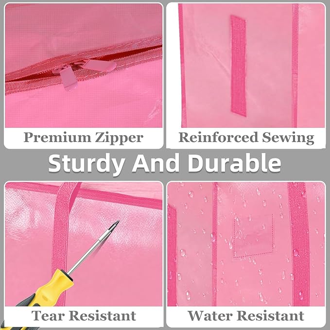 16 Pack-Extra Large Heavy Duty Moving Bags - Waterproof Storage Totes with Handles & Zippers, Foldable for College Dorm, Storage (Pink)