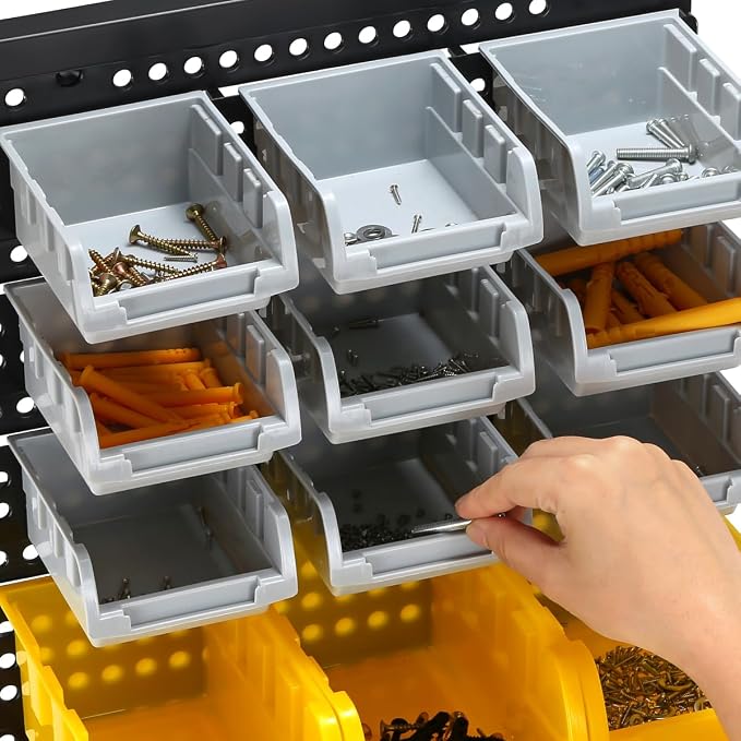30-Bin Wall Mounted Storage Bins Kit, Tool Organizer Rack, Garage Hardware Organizer, Parts Storage Bins, DIY Combination 4 Set (Grey & Orange & Yellow Type)