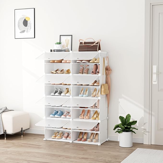 Shoe Rack 8 Tier Shoe Storage Cabinet with Door 32 Pair Tall Shoes Rack Organizer Free Standing Expandable Stable Plastic Easy Assembly Shoes Shelf for Closet Hallway Entryway Bedroom White