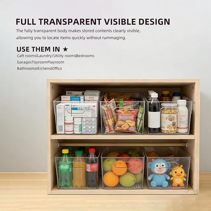 6 Pack Thick Clear Stackable Storage Bins, Cabinet Organizer, Plastiic Containers with Handle for Kitchens, Bathrooms and Fridge and Desktop