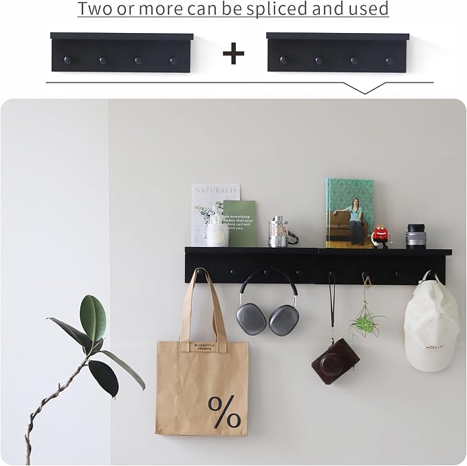 Entrance Coat Rack ，Coat Hooks, Wall-Mounted Wooden Hook Rack, Wall-Mounted Shelves are Very Suitable (Black Color Finish—A-1)