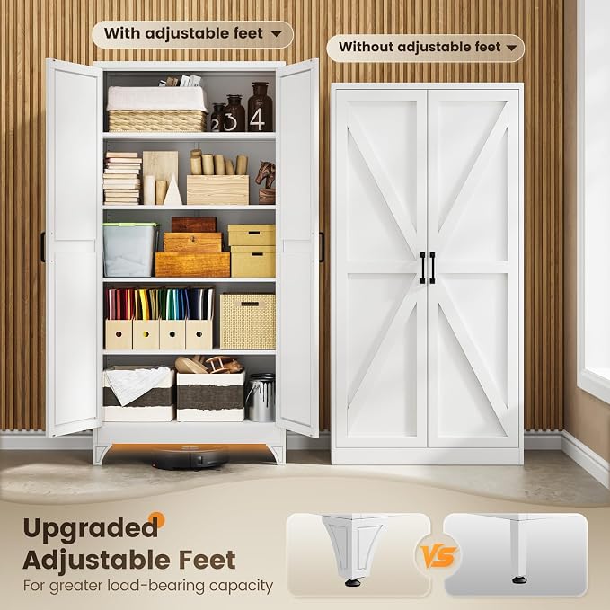 Yizosh Metal Storage Cabinet with Doors and 4 Adjustable Shelves - 75" White Kitchen Pantry Storage,4-Tier Tall Steel Cabinet Locker for Kitchen,Living Room,Dining Room