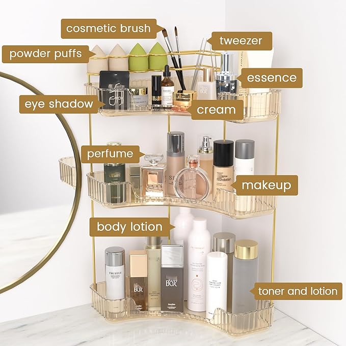 NATURE'S SOURCE Makeup Organizer for Vanity, 3-Tier Corner Bathroom Organizer Countertop with Makeup Brush Holder, Bathroom Counter Storage for Dresser-Amber Gold
