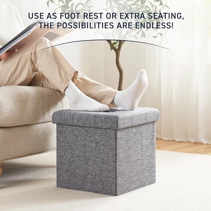 Ornavo Home 15 Inch Folding Storage Ottoman Cube, Tufted Linen, Gray | Upholstered Cube with Lid; Foot Rest Stool; Ideal for Bedroom, Living Room or Entryway