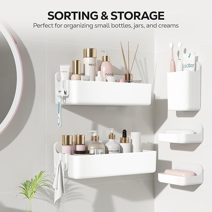 Nieifi Adhesive Shower Shelves, White, 5 Pieces | Rustproof ABS, Large Capacity, Removable Design, Easy-Clean, No Drilling Shower Organizer for Bathroom Storage & Home Decor