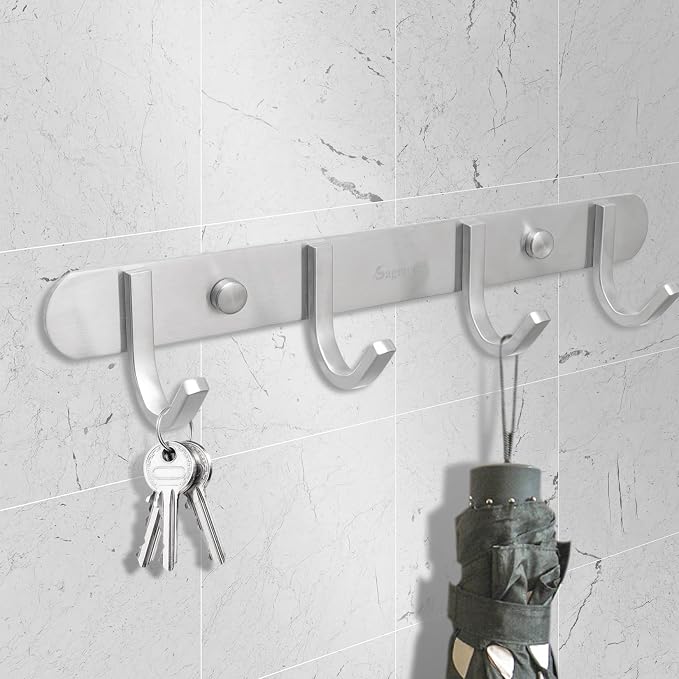 Coat Hook Rack Brushed Nickel - Sagmoc 10.6-Inch Coat&Towel Hook Rail Wall Mounted with 4 Hooks, Durable Wall Hangers for Bedroom, Bathroom, Foyer, Hallway (SUS304 Stainless Steel)