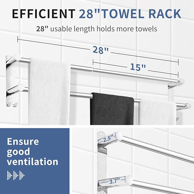 Stainless Steel Towel Bar, Adjustable Towel Racks for Bathroom | 28IN Adjustable Screw Mounting Towel Holder for Bathroom Wall, Tape Hook Bathroom Towel Rack,Towel Bar for Bathroom Wall