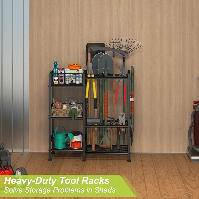 Garden Tool Organizer with Basket, 3-Tier Yard Storage Rack for Garage | 35 Long-Tool Slots: Steel rack adds 11 hooks, 10 small-tool slots, 2 metal clips and 4 leveling feet for sheds or yards.