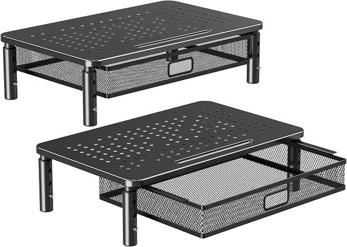 ELIVED 2 Pack Monitor Stand Riser with Metal Drawer, 3 Height Adjustable | with Larger Storage Space for Home and Office Supplies, Metal Desktop Stand for Laptop Computer Printer PC iMac