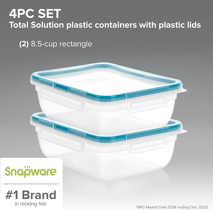 Snapware Plastic Total Solution 2-Pack (8.5-Cup) Food Storage Containers Set, Leakproof & Airtight Plastic Locking Lids Rectangular Tupperware, BPA-Free Lids, Microwave Dishwasher Freezer Safe