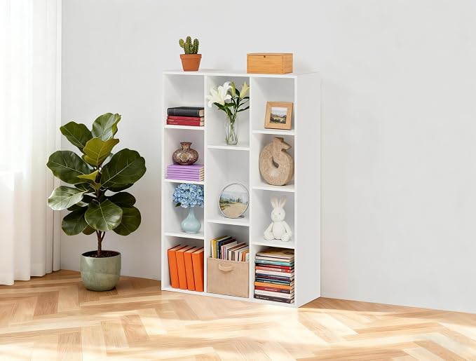 Whitmor 11 Cube Storage Organizer, 4 Tier Stackable Bookcase, Open Storage Display Bookshelf, Storage Cabinet for Living Room, Bedroom, Home, Office, 29.1" L x 9.4" W x 41.7" H, White