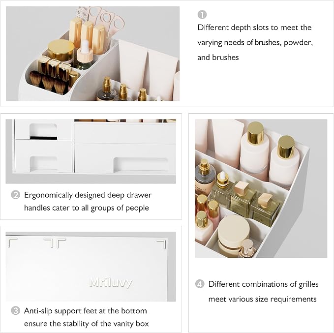 Makeup Organizer with Drawers,Large Cosmetic Storage Box,Countertop Skincare Organizer,ABS Makeup Brush Holder for Bathroom,Desk,Dresser,Multifunctional Beauty Display Case,White transparent