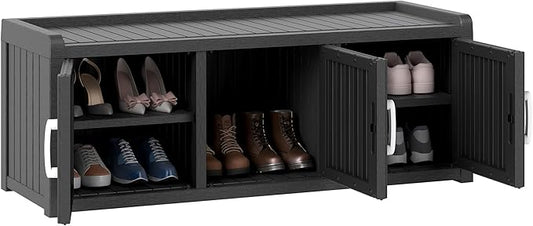 2-Tier Storage Bench, Waterproof UV-Resistant Outdoor Shoe Storage Cabinet with 3 Doors & Adjustable Shelves for Indoor Outdoor Entryway, Hallway, Living Room (Black)