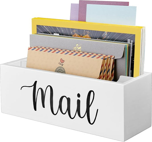 DRASTAR Mail Organizer, Mail Holder with 2 Slots, White Mail Basket for Wall Mount, Wooden Desk Mail Organizer, Envelope Holder for Home Office Decor