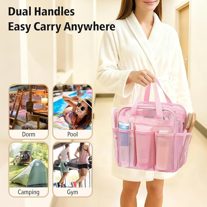 Mesh Shower Caddy Portable with Zipper - 2-Handle Shower Bag for Dorm | 8 Deep Pockets, S-Hook, Quick-Dry Mesh, College Dorm Room Essentials for Girls, Camping, Gym, Travel & Bathroom, Pink