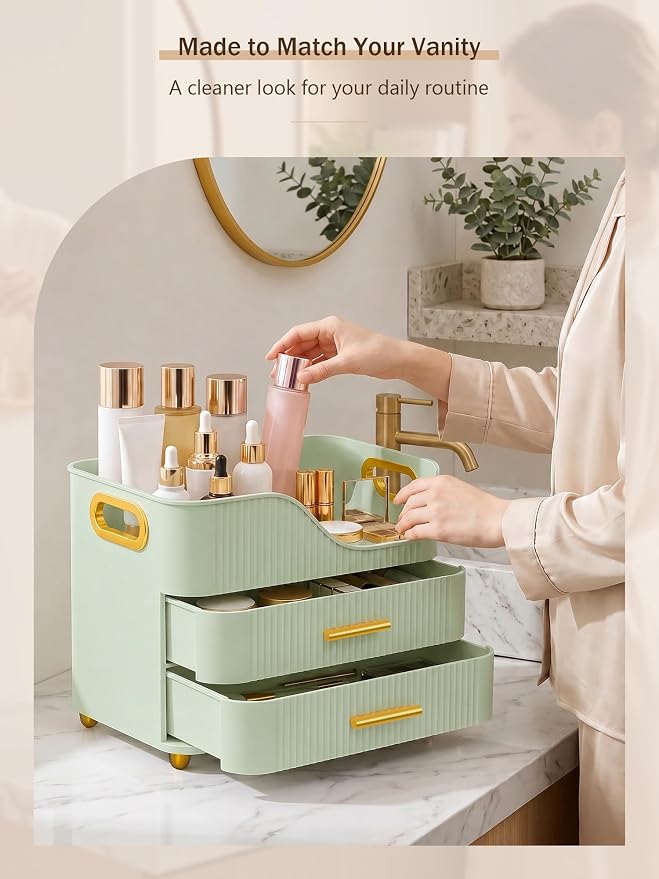 Booklov Large Makeup Organizer for Vanity, Bathroom Countertop, Green | Plastic Cosmetic Display Case with Drawers, Beauty Brush Holder for Dresser Counter Skincare Eyeshadow Lipstick Storage