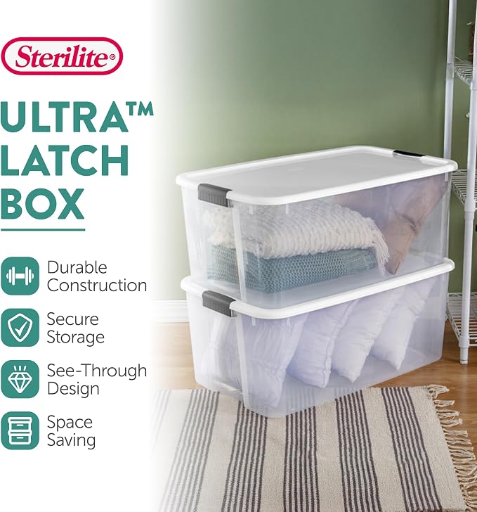 Sterilite Ultra Latch Box with Lids for Home and Office, 116 Quart, 12-Pack | Heavy-Duty and Stackable Plastic Containers with Latches for Closet, Cabinet, Bedroom, Bathroom and Dorm Room Organization