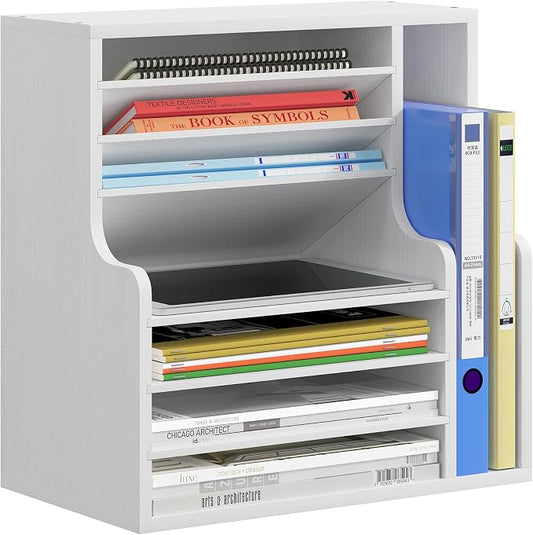 Wood Desktop File Holder Organizer Mail Sorter for File Folders, Mails, Envelopes or Magazines, 8 Compartments (White)