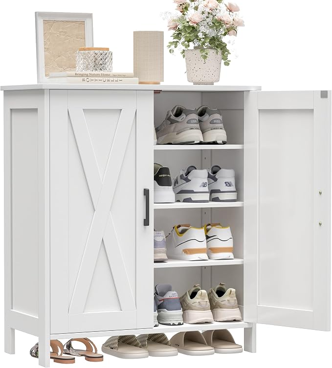 Homleke Farmhouse Shoe Cabinet with 2 Barn Doors & Wood Legs | Tall 4-Tier Shoe Storage Cabinet, 3 Adjustable Shelves, Shoe Rack Organizer, for Entryway, Hallway, Closet, White