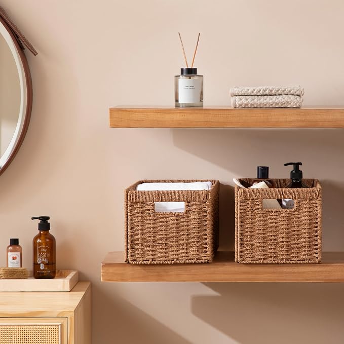UBBCARE 4 Pack Wicker Basket, 13.4L×8.3H×7.1W inch Woven Paper Rope Storage Baskets for Shelves, Foldable Rectangular Storage Baskets with Handle, Storage Basket for Organizing, Caramel