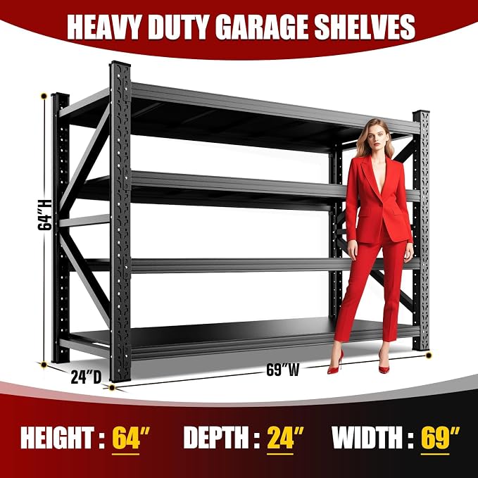 6 Pack Heavy Duty Metal Garage Shelving, 69" Wx24 Dx64 H, 4-Tier Adjustable Storage Shelves for Garage Storage, Industrial Metal Shelving & Shelves Organizer for Warehouse, Workshop & Home