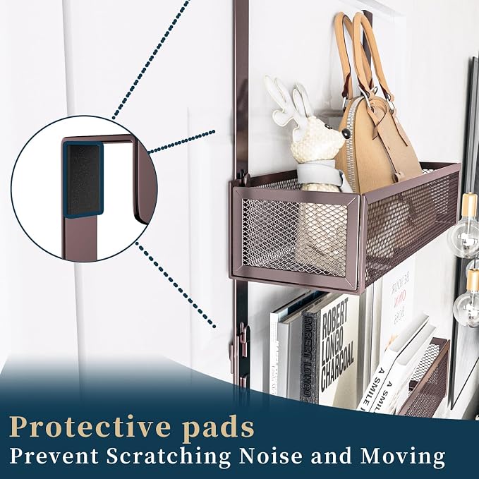 Consumest Over The Door Hooks Organizer - 3 Tier Door Hanger with 9 Coat Hooks & 2 Mesh Basket, Back Storage Organizer Hanging Towels for Bathroom, Bedroom, Bronze