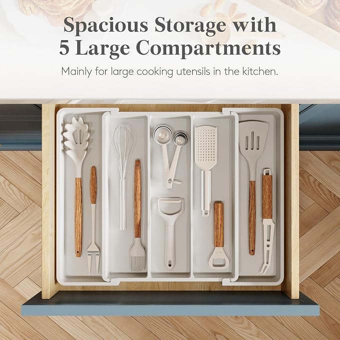 Lifewit Utensil Organizer for Kitchen Drawers, Expandable Cooking Utensil Tray, Adjustable Cutlery Silverware Flatware Holder, Plastic Spatula Tools Storage Divider, 11-18 x 14", White