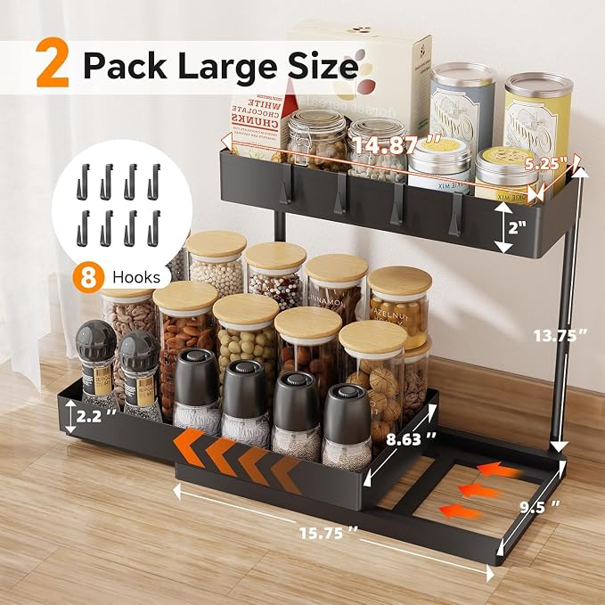 Simple Trending Under Sink Organizer 2 Pack, 2 Tier with Sliding Basket | Multi-Use Cabinet Organizer for Kitchen & Bathroom, Sink Storage Basket with 4 Hooks, L-shape, Easy Assembly, Black