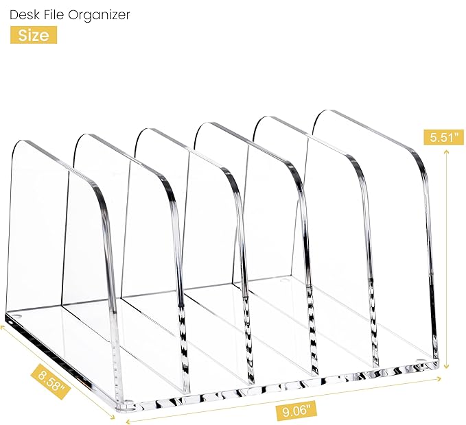 HeZone Desk File Organizer,5-Section Vertical Clear File Organizer File Holder Folder Holder Mail Sorter Acrylic Stand Rack,Office Organization for Home, Office & Classroom(1 Pack)