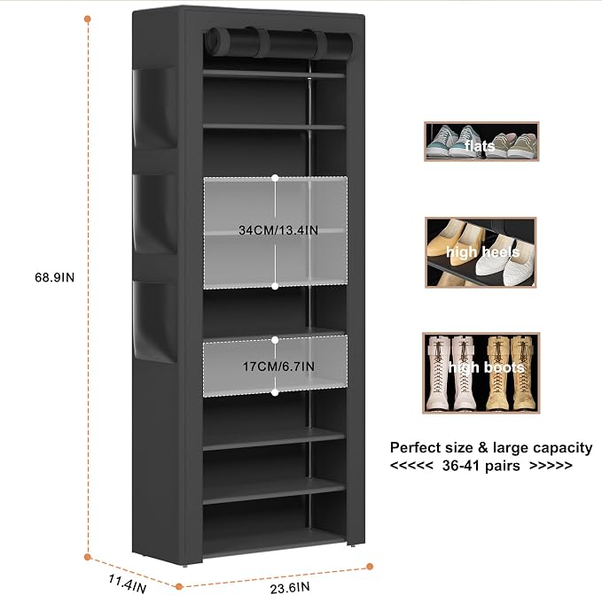 OYREL Large Shoe Rack, Black, 6 Side Pockets, 23.6" Wide x 11.4" Deep x 68.9" Tall, 36-41 Pairs of Shoes | Space Saving Fabric Cover Shoe Organizer Shelf for Closet, Bedroom, Garage, Entryway, Narrow Free Standing Cabinet Holder