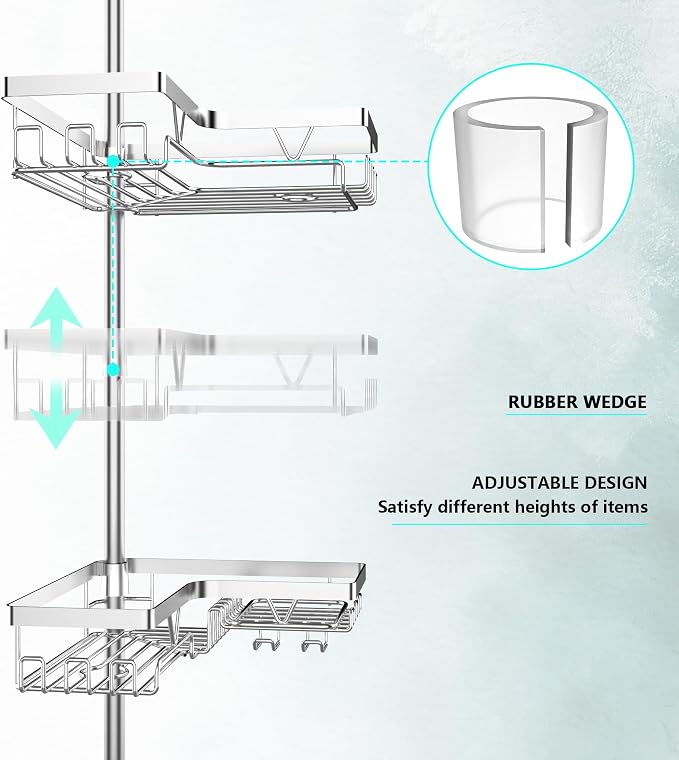 DAOYA Corner Shower Caddy Tension Pole 4 Tier Shower Caddy Organizer Silver | WIth 28 Hook/2 Soap Dish/ 2 Razor Holder, Rustproof, For Bathtub/Bathroom, Floor to Ceiling 25-114 Inch, Simple Install