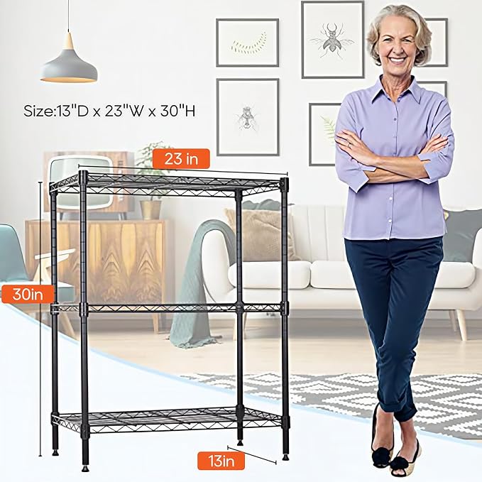 BestOffice | 3-Tier Wire Shelf | 23" x 13.2" x 30.2" | Black | Storage Shelves with Adjustable Racks, Holds upto 450 lbs | Rust-Resistant, No-Tool Assembly | For Home, Garage
