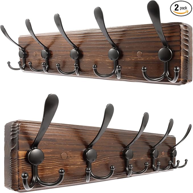 2 Pack Coat Rack Wall Mount 16.8'' Rustic Hat Rack with 5 Triple Hooks Coat Hooks Wall Mount Farmhouse Wall Hooks for Hanging Coat, Bags, Towels