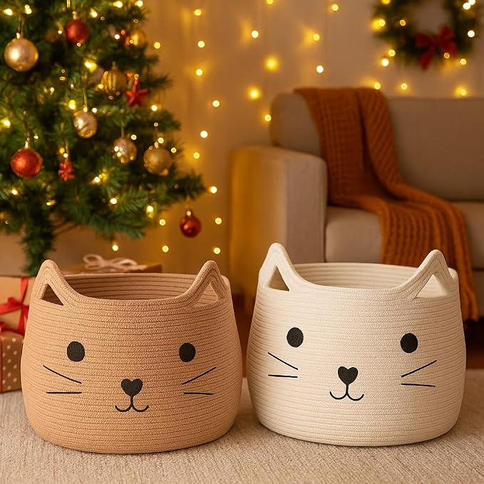 VK VK·LIVING Animal Hamper Large Woven Animal Cotton Rope Storage Basket Laundry Basket Organizer With Cat Design for Towels Blanket Toys Clothes Pet Hamper for Cat 15 L x 15 H