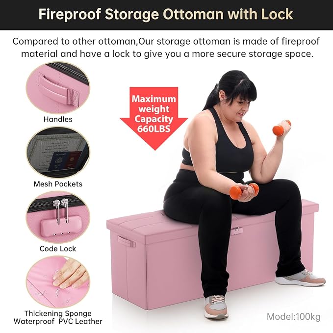 DocSafe Storage Ottoman Bench, Fireproof＆Waterproof Folding Bench with Lock(15”x 43”x15”), Leather Storage Chest with Handles＆2 Extra Boxes, Ottoman Safe for Bedroom,Living Room,Home Office, Pink