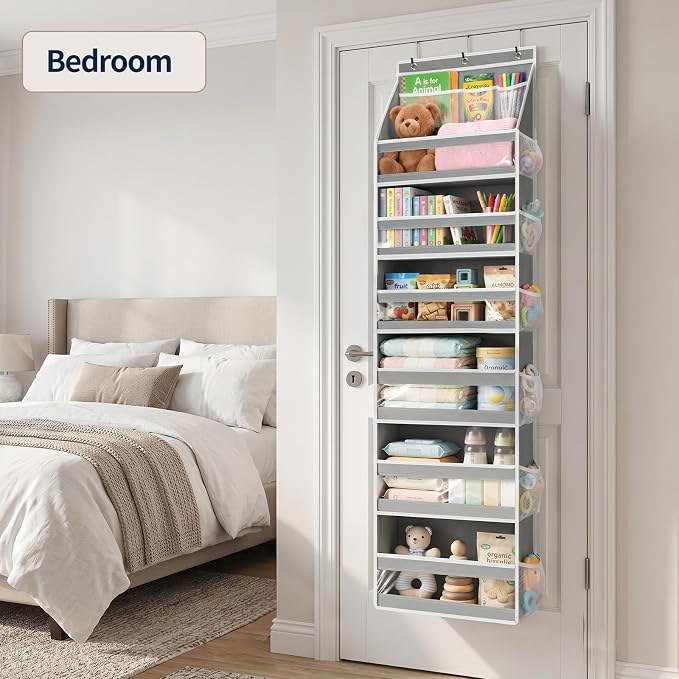 Yecaye 7 Tier Over the Door Organizer, Large Capacity Door Organizer Hanging with Clear PVC Windows, Behind the Door Storage for Bedroom Nursery Closet Laundry Pantry Bathroom, Grey