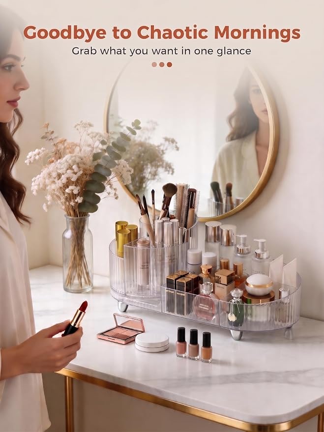 Booklov Rotating Makeup Organizer for Vanity Countertop, Clear | Clear Acrylic Cosmetic Display Case, Large Beauty Brush Holder for Bathroom Counter, Skincare Lipsticks Storage